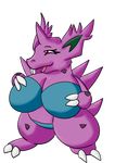  2015 alpha_channel big_breasts bikini breasts busty_feral claws clothing colored crossgender female feral holding_breasts horn huge_breasts kappaster nidoran nidoran♂ nintendo open_mouth pok&eacute;mon red_eyes sharp_claws simple_background smile solo standing swimsuit toony transparent_background video_games 