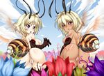 antennae anthro anus arthropod bee bent_over big_breasts black_sclera blonde_hair breasts butt chitin female flora_fauna hair insect looking_back nipples nude plant purple_eyes pussy syrup_(artist) wings 