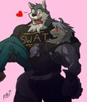  &lt;3 anthro blue_eyes blush canine chest_tuft clothing dog dog_tags duo english_text fur grey_fur happy holding husky kouya_(morenatsu) kyuuhari male male/male mammal morenatsu muscles pink_background romantic simple_background smile standing teeth text tongue tuft yellow_eyes 