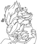  &lt;3 anthro black_and_white blush bottomless caprine chimera chimera~nao chocolatekirby claws clothed clothing couple crown cuddling cute dragon duo eyes_closed feline fluffy fur goat hair half-dressed holding hoodie hooves horn hug hybrid jacket kissing lion male mammal mane monochrome naoren scarf simple_background white_background 