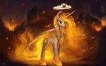  2015 building cutie_mark equine female fire friendship_is_magic gold_(metal) halo horn mammal my_little_pony necklace princess_celestia_(mlp) rain-gear ruins solo winged_unicorn wings yellow_eyes 