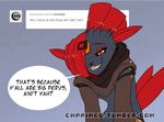  2015 anthro black_fur charimod dialogue english_text female fur looking_at_viewer nintendo pok&eacute;mon red_eyes simple_background smile solo text video_games weavile yellow_sclera 