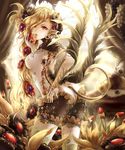  apple ass black_wings blonde_hair demon_tail earrings flower food fruit gin_ji gloves grapes hair_flower hair_ornament highres horns jewelry long_hair looking_at_viewer looking_back pointy_ears red_eyes shingoku_no_valhalla_gate solo tail white_gloves white_legwear wings 