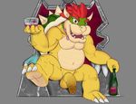  2015 3_toes alcohol balls belly beverage bow_tie bowser chubby claws digital_media_(artwork) flaccid food glass green_scales grey_background hair horn koopa looking_at_viewer male mario_bros multicolored_scales musclegut muscles navel nintendo nude one_leg_up open_mouth partially_retracted_foreskin paws pecs penis red_hair scalie seyrmo sharp_teeth signature simple_background sitting soles solo spread_legs spreading tan_scales teeth throne toe_claws toes uncut video_games wine yellow_scales 