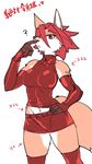 ? anthro breasts canine clothing female fox fur hair hand_on_hip japanese_text kazuhiro kemono mammal multicolored_fur navel pink_fur red_eyes red_hair red_theme shorts simple_background solo standing text tight_clothing translation_request two_tone_fur white_background white_fur white_sclera 