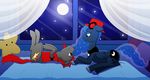  2015 bed black_fur blue_eyes blue_fur blue_hair brown_eyes curtains cutie_mark duo equine eye_contact eyewear fan_character female feral friendship_is_magic fur glasses grey_fur hair half-closed_eyes hat hooves horn horse legs_up lying male mammal moon moonlight multicolored_hair my_little_pony night pillow plushie pony princess_luna_(mlp) red_hair romantic smile squishyfluffs star unicorn upside_down white_sclera window winged_unicorn wings 
