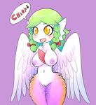  2015 avian basketgardevoir blush breasts english_text eyelashes feathered_wings feathers female gardevoir green_hair hair happy harpy hi_res musical_note navel nintendo nipples nude open_mouth orange_eyes pok&eacute;mon purple_background pussy simple_background solo speech_bubble standing text video_games wings 