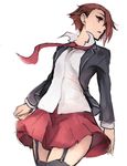  futase_fumio garter_straps hair_over_one_eye parted_lips pepe_(jonasan) pleated_skirt red_hair school_uniform selector_wixoss short_hair simple_background skirt solo thighhighs white_background wixoss 