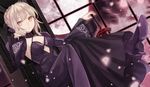  artoria_pendragon_(all) blonde_hair breasts chin_rest cleavage dark_persona dress dutch_angle fate/stay_night fate_(series) high_heels looking_at_viewer medium_breasts saber_alter serious sitting solo sword weapon window yellow_eyes yuzuki_karu 