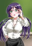  adjusting_eyewear alternate_costume bespectacled black_skirt blouse breasts chalkboard glasses green_eyes hand_on_hip kasugano_tobari large_breasts long_hair looking_at_viewer love_live! love_live!_school_idol_project open_mouth purple_hair skirt solo toujou_nozomi twintails unbuttoned white_blouse 