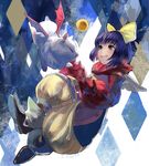  abstract_background baggy_pants bodysuit bow eiko_carol final_fantasy final_fantasy_ix floating gloves green_eyes hair_bow horn moogle pants pink_bodysuit puffy_sleeves purple_hair sasumata_jirou short_hair smile wings 