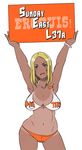  arms_up blonde_hair blue_eyes brand_name_imitation breasts butcha-u contrapposto crotchless crotchless_swimsuit dark_skin delightfully_fuckable_and_unrefined!! holding holding_sign hooters large_breasts licking_lips mari_(delightfully_fuckable_and_unrefined!!) naughty_face navel one-piece_tan open_mouth sign solo standing swimsuit tan tanline tongue tongue_out 