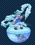  :d black_ribbon blue_dress blue_eyes bow brown_footwear checkered checkered_background cirno commentary_request dragon dress green_bow hair_bow ice ice_dragon ice_wings kisasage_kouta lowres neck_ribbon open_mouth pixel_art ribbon rock shoes short_sleeves smile solo touhou white_legwear wings 