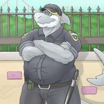  2015 anthro badge baton belly belt chubby clothing crossed_arms fence fin fish gate gator_(artist) hat looking_at_viewer male marine muscles outside pants roller_coaster security security_guard shark shirt smile solo standing theme_park undershirt uniform 