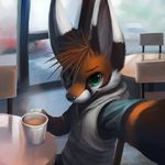  anthro beverage building cafe canine car chair clothing coffee coffee_shop cup detailed_background drink food fox fur green_eyes inside looking_at_viewer male mammal orange_fur selfie sitting slice_of_life smile solo table tables teacup thanshuhai 