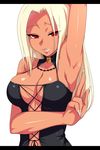  arm_behind_head armpits blonde_hair breasts cleavage halterneck highres large_breasts letterboxed lipstick long_hair looking_at_viewer makeup pa_da_wan red_eyes red_skin solo upper_body 