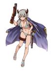  ammunition bikini blue_bikini breasts brown_eyes camieux cape cleavage collarbone draph full_body granblue_fantasy grey_hair gun holding holding_gun holding_weapon horns large_breasts long_hair looking_at_viewer low_twintails navel sandals simple_background solo swimsuit tears twintails weapon white_background yanagida_fumita 