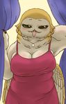  anthro avian bedroom_eyes bird blush breasts bubonikku chubby claws clothed clothing dress female green_eyes half-closed_eyes looking_at_viewer necklace owl solo wings 