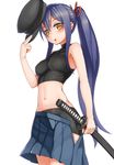  alternate_breast_size bare_shoulders blue_hair breasts bushidou_(sekaiju) covered_nipples hat impossible_clothes long_hair looking_at_viewer medium_breasts midriff navel pleated_skirt ponytail sekaiju_no_meikyuu seramikku skirt sleeveless sleeveless_turtleneck solo sword turtleneck weapon white_background yellow_eyes 