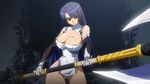  1boy 1girl animated animated_gif ass axe battle black_hair blue_hair blush bouncing_breasts breasts cleavage covered_navel evil female kiryuu_sabato knife large_breasts long_hair makai_kishi_ingrid screencap screenshot violence weapon yatsu_murasaki 