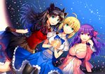  ahoge artoria_pendragon_(all) bad_id bad_pixiv_id black_gloves black_hair black_legwear blonde_hair breasts cleavage dress ells fate/stay_night fate_(series) gloves green_eyes hair_ribbon large_breasts long_hair looking_at_viewer matou_sakura medium_breasts multiple_girls open_mouth purple_eyes purple_hair ribbon saber shiny shiny_hair star toosaka_rin 