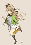  bow brown_hair dated full_body hair_bow long_hair looking_at_viewer love_live! love_live!_school_idol_project minami_kotori mota one_side_up putting_on_shoes ribbon solo yellow_eyes 