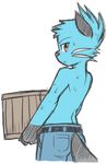  anthro back black_fur blue_fur butt clothed clothing cute dewott fluffy fur hair half-dressed jeans lifting looking_at_viewer looking_back micah_(naoren) muscles naoren nintendo pants pink_nose pok&eacute;mon red_eyes solo sweat topless video_games whiskers 
