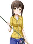  alternate_costume ame. brown_hair casual collarbone fishing_rod fubuki_(kantai_collection) head_tilt holding hood hoodie kantai_collection looking_at_viewer low_ponytail open_mouth simple_background smile solo white_background yellow_eyes 