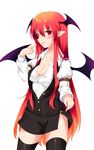  akimatsu bat_wings blouse breasts cleavage demon_tail dress_shirt gradient_hair hair_between_eyes head_wings highres koakuma large_breasts licking_lips long_hair long_sleeves miniskirt multicolored_hair naughty_face open_blouse open_clothes puffy_long_sleeves puffy_sleeves red_eyes red_hair shirt skirt skirt_lift skirt_set solo tail thighhighs tongue tongue_out touhou very_long_hair vest wings zettai_ryouiki 