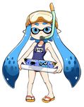  artist_request blue_eyes blue_hair commentary_request diving_mask diving_mask_on_head highres inkling innertube one-piece_swimsuit pointy_ears sandals school_swimsuit sidelocks simple_background snorkel snorkel_in_mouth solo splatoon_(series) splatoon_1 swimsuit white_background 