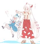  &gt;_&lt; :d black_footwear blue_bow blue_dress blue_hair blush bow bowtie brown_footwear cirno closed_eyes commentary_request dress fujiwara_no_mokou grin hair_bow highres holding_hands ice ice_wings long_hair long_sleeves melting multiple_girls ofuda open_mouth pants puddle red_bow red_eyes shirt shoe_bow shoes short_hair short_sleeves simple_background six_(fnrptal1010) smile suspenders sweat touhou translation_request very_long_hair white_bow white_hair white_shirt wings 
