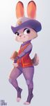  2015 anthro aruurara blue_eyes book clothing disney female fur hat judy_hopps lagomorph looking_away mammal pants rabbit simple_background smile solo standing uniform white_fur zootopia 