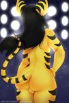  2015 absurd_res anthro balls black_fur black_hair butt ear_piercing fur hair hi_res lombax long_hair male nude piercing ratchet_and_clank sinfuldreams15 solo spikes standing stripes tail_ring video_games yellow_fur 