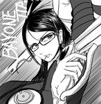  bayonetta bayonetta_(character) black_hair bodysuit breasts cleavage earrings glasses gloves greyscale gun handgun highres hisoka_(hk00122000) jewelry large_breasts long_hair mole mole_under_mouth monochrome solo very_long_hair weapon 