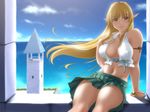  armlet blonde_hair bracelet braid breasts cleavage curvy day jewelry large_breasts midriff navel ocean pointy_ears project_3m red_eyes skirt sky solo thighs tower 