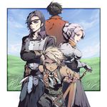  armor black_eyes black_hair blonde_hair chris_lightfellow dagger dark_skin eyepatch geddoe gensou_suikoden gensou_suikoden_iii green_eyes hair_bun hugo regulaton short_hair silver_hair suikoden suikoden_iii sword weapon 