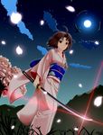  1girl ahoge brown_eyes brown_hair cherry_blossoms cloud female full_moon glint grass highres japanese_clothes kara_no_kyoukai katana kimono lens_flare looking_down moon mountain nature night night_sky outdoors petals ryougi_shiki short_hair sky solo swimmer? sword tree weapon 