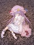  bandages blindfold cold dress hat izumi_yukiru long_hair lying patchouli_knowledge purple_hair solo touhou trembling 