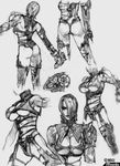  armor ass breasts cleavage concept_art gloves greyscale hair_over_one_eye isabella_valentine large_breasts monochrome soulcalibur sword thighhighs underboob weapon whip whip_sword 