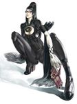  bayonetta bayonetta_(character) bodysuit breasts cleavage cleavage_cutout dual_wielding earrings eyeshadow glasses gloves gun handgun high_heels highres holding jewelry kazakami_yuu large_breasts lips long_hair makeup mole mole_under_mouth nose shoes solo squatting trigger_discipline very_long_hair weapon 