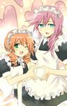  blue_eyes blush final_fantasy final_fantasy_xiii green_eyes heart heart_hands lightning_(ff13) lightning_farron long_hair maid maid_apron maid_headdress maid_uniform meru oerba_dia_vanille pink_hair red_hair redhead uniform wink 