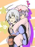  1girl ahoge blush carrying couple glasses hat heart hetero hug hug_from_behind morichika_rinnosuke neji patchouli_knowledge piggyback touhou 