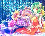  across_lap alice_margatroid ascot blonde_hair blue_eyes colorful flower frills green_hair hair_flower hair_ornament hairband kazami_yuuka kazu_(muchuukai) multiple_girls plaid plaid_skirt plaid_vest red_eyes short_hair skirt skirt_set stained_glass touhou vest 