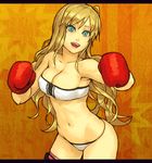  armpits bad_id bad_pixiv_id bandeau bare_shoulders blonde_hair boxing_gloves breasts cleavage green_eyes large_breasts letterboxed long_hair mustard_seeds navel open_mouth original solo strapless tubetop yuuji_(and) 