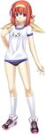  blue_eyes buruma commentary cross_edge full_body gym_uniform hairband headband highres hirano_katsuyuki kneehighs meu_(spectral_souls) official_art red_hair shoes short_hair simple_background smile sneakers socks solo spectral_(series) spectral_souls standing white_legwear 