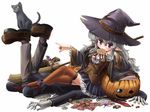  1girl blush broom candy cat checkerboard_cookie cookie food gloves halloween hat jack-o'-lantern kei_kei lollipop mouth_hold original pointing pointy_ears pumpkin purple_eyes ribbon silver_hair sitting skirt striped swirl_lollipop thighhighs white_background witch_hat 