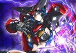  armpits blue_hair electricity fighting_stance g_gundam glowing gundam haganef long_hair master_gundam mecha_musume midriff red_eyes shining_finger solo 