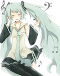  aqua_hair bad_id bad_pixiv_id closed_eyes detached_sleeves hatsune_miku long_hair mono_(recall) musical_note necktie skirt smile solo thighhighs twintails very_long_hair vocaloid 