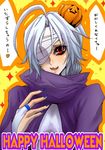  bad_id bad_pixiv_id blazblue blue_nails eyepatch food_themed_hair_ornament hair_ornament halloween happy_halloween jack-o'-lantern nail_polish nu-13 pumpkin pumpkin_hair_ornament red_eyes silver_hair solo translated yamanami_kouya 