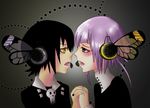  1other androgynous black_hair black_nails blue_eyes blush butterfly_hair_ornament butterfly_wings crona_(soul_eater) death_the_kid eye_contact face-to-face hair_ornament headphones headset holding_hands ikara69 looking_at_another magnet_(vocaloid) nail_polish pink_hair short_hair soul_eater vocaloid wings yellow_eyes 